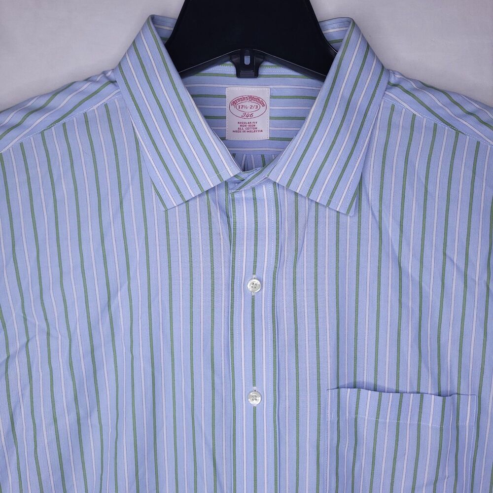 Brooks Brothers Dress Shirt Mens 17.5 Striped Blue, White, Green 32/33 Non Iron